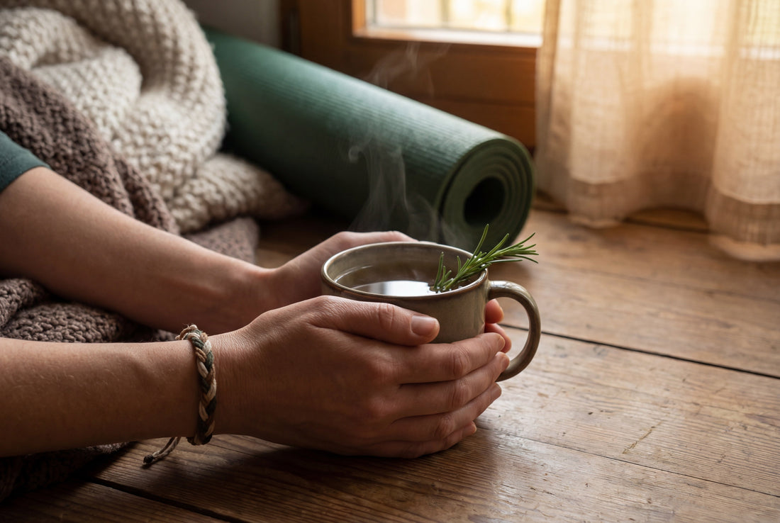 Hands holding a steaming mug of fresh rosemary tea during a calming self care ritual