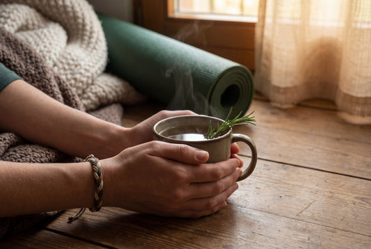 Hands holding a steaming mug of fresh rosemary tea during a calming self care ritual