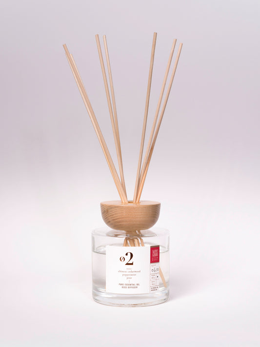 Reed diffuser with wooden sticks in a clear container on a white background